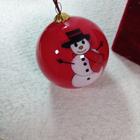 Hand Painted Glass Christmas Ornament Red Snowman in Original Velvet Gift Box - Picture 3 of 10